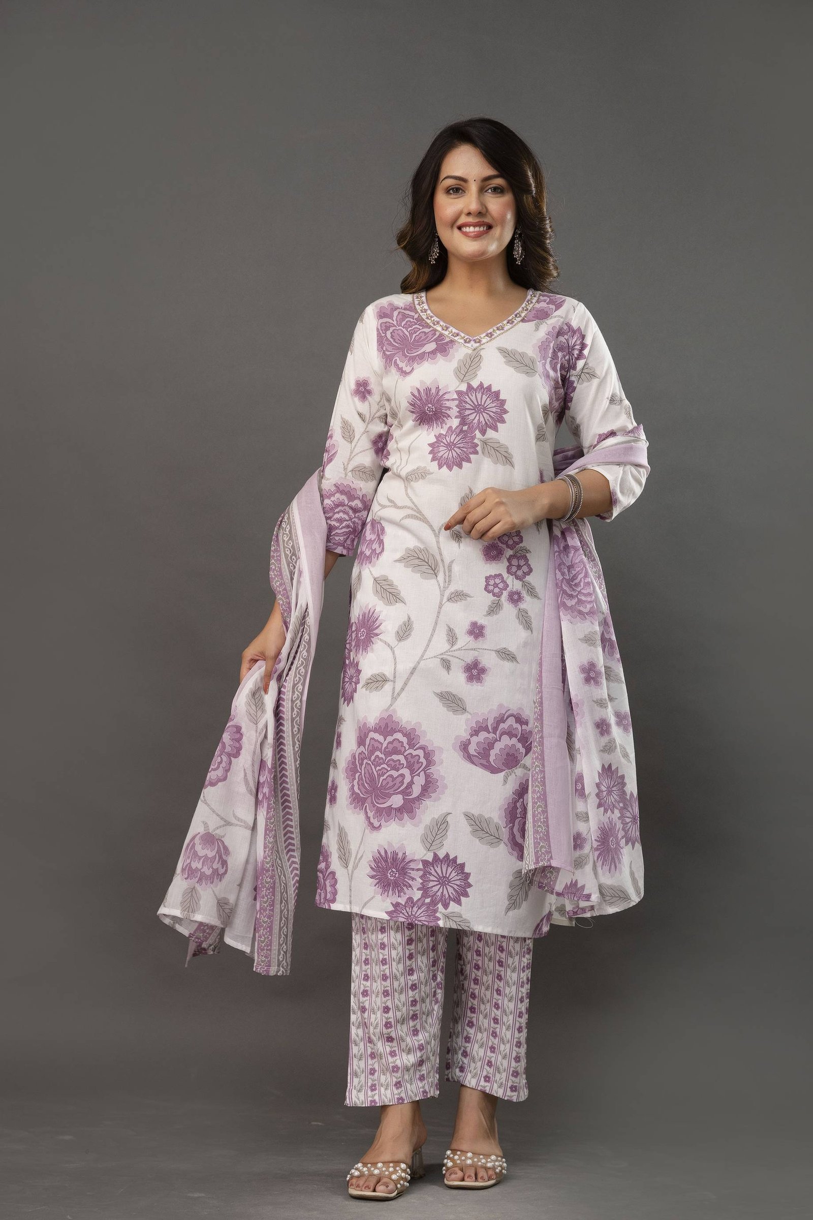 White puple elegant print 3 pcs set