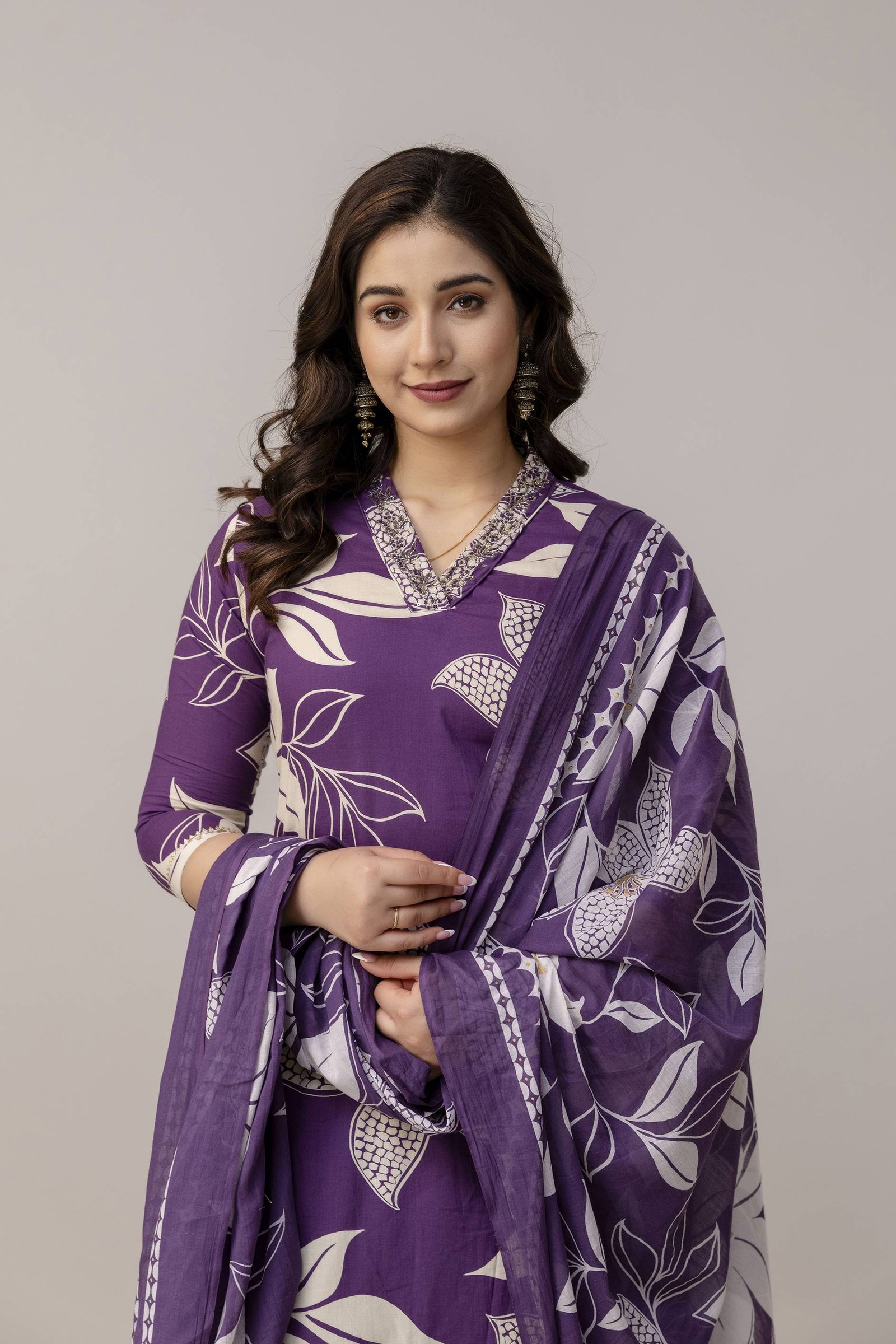 PURPLE WHITE BADA BUTA HANDWORK V-NECK SUIT