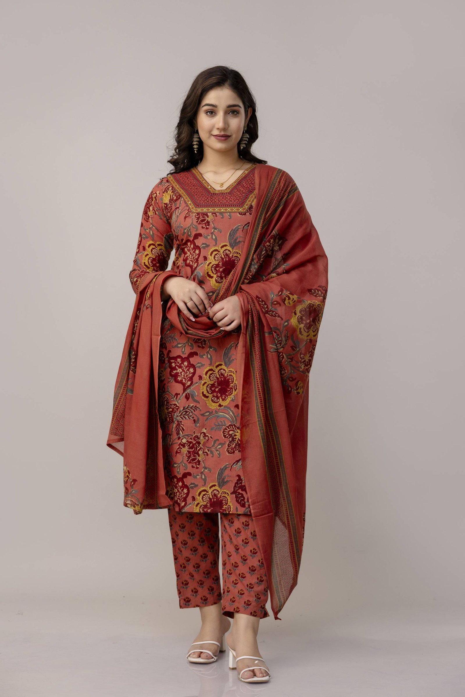 RUST COLOUR BADA BORDER NECK 3 PCS SUIT SET