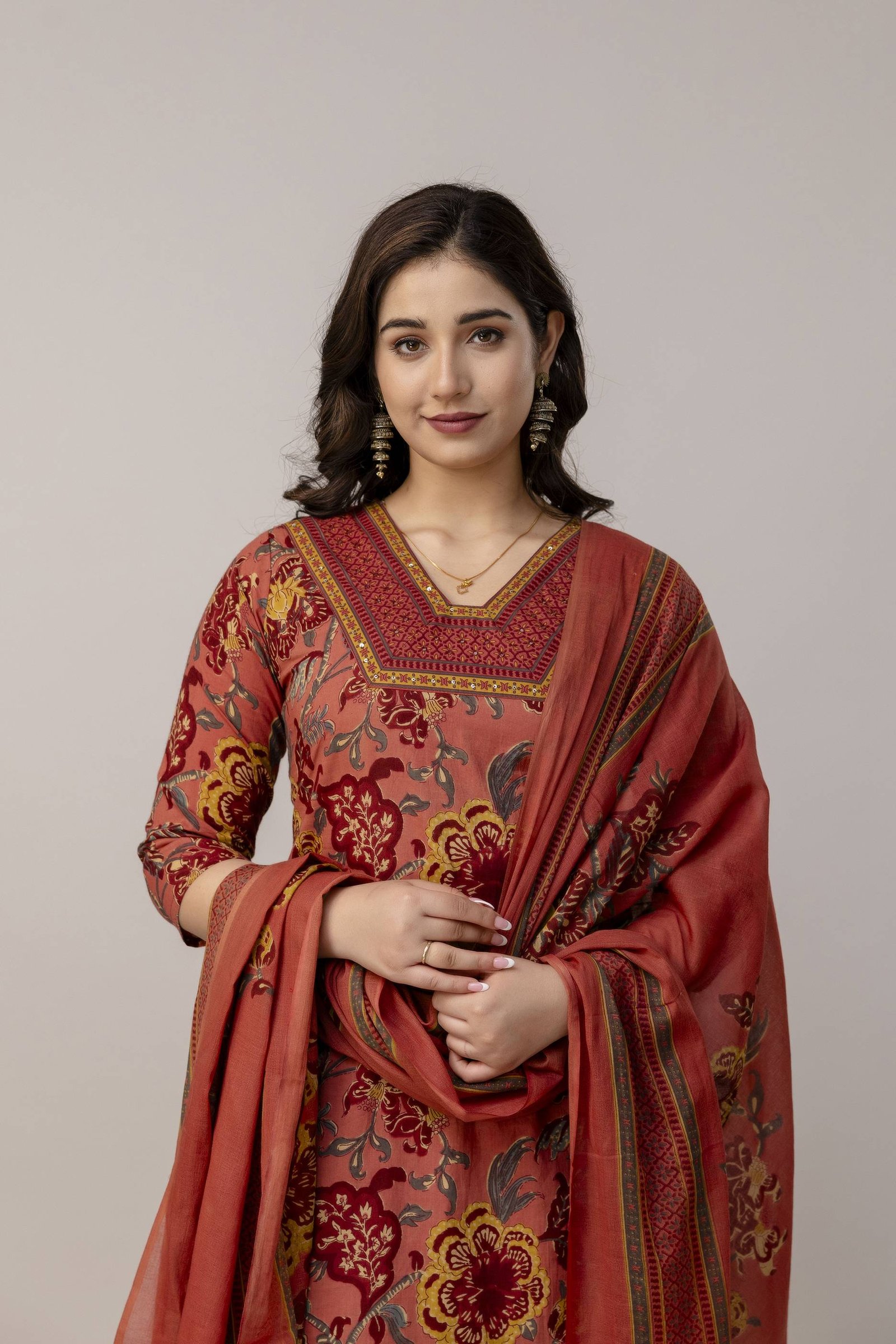 RUST COLOUR BADA BORDER NECK 3 PCS SUIT SET